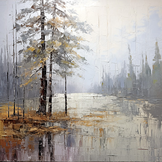 Heidi Kuntz HK207 - HK207 - Trees in Water   - 12x12 misty forest, reflection in water, pine trees, autumn tones, textured brush strokes, quiet lake, nature scenery from Penny Lane