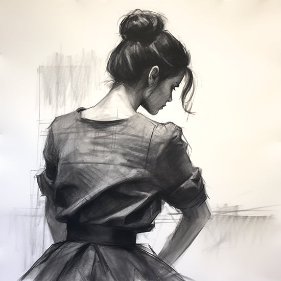 Heidi Kuntz HK245 - HK245 - The Dress   - 12x12 charcoal sketch, woman with bun, back view, thoughtful pose, monochrome art, elegant dress, minimal background, emotional expression from Penny Lane