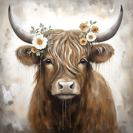 Heidi Kuntz HK262 - HK262 - Martha   - 12x12 highland cow with flowers, farm animal with floral crown, rustic charm, farmhouse art, whimsical animal portrait from Penny Lane