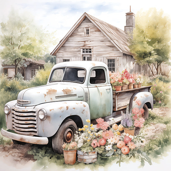 Heidi Kuntz HK314 - HK314 - Bloomin' Vintage   - 12x12 old white pickup truck, weathered farmhouse, flower pots in truck bed, rustic garden, country homestead, vintage farm vehicle, soft watercolor style, cottage flowers, aged wood siding, nostalgic rural scene from Penny Lane