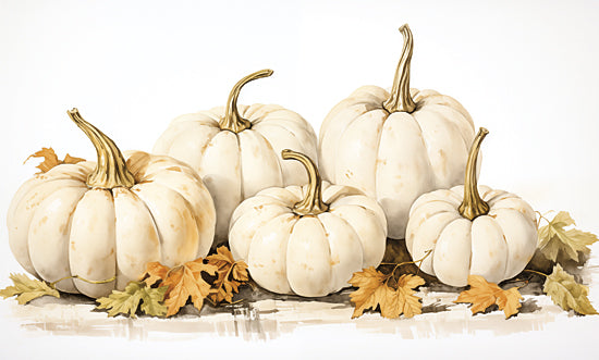 Heidi Kuntz HK328 - HK328 - Autumn Arrangement    - 18x12 white pumpkins, golden stems, autumn leaves, neutral fall harvest, watercolor gourd still life, cream pumpkins, maple leaves, Thanksgiving decor, seasonal farmhouse arrangement, soft botanical illustration from Penny Lane