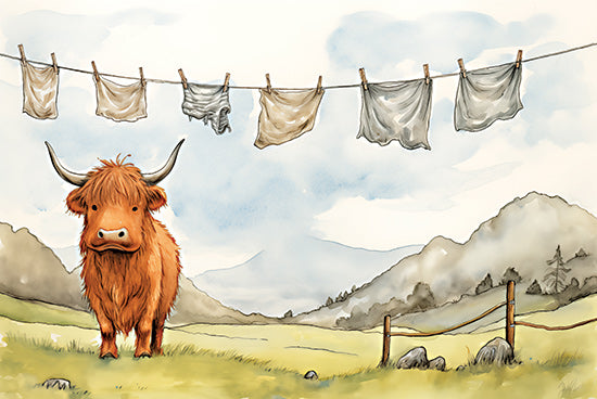 Heidi Kuntz HK340 - HK340 - Clothesline Highland   - 18x12 Highland cow, cartoon style, clothesline, laundry, mountain landscape, cute animal, children illustration, countryside, humorous, watercolor effect from Penny Lane