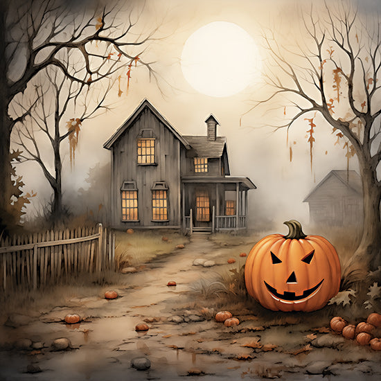 Heidi Kuntz HK342 - HK342 - No Trespassing   - 12x12 Halloween house, spooky scene, glowing pumpkin, full moon, eerie trees, autumn leaves, haunted atmosphere, seasonal decor from Penny Lane