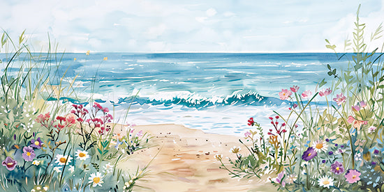 Heidi Kuntz HK367 - HK367 - Wildflower Seascape   - 18x9 watercolor beach, flower garden path, sea waves, peaceful ocean view, soft tones, floral painting, heidi kuntz from Penny Lane