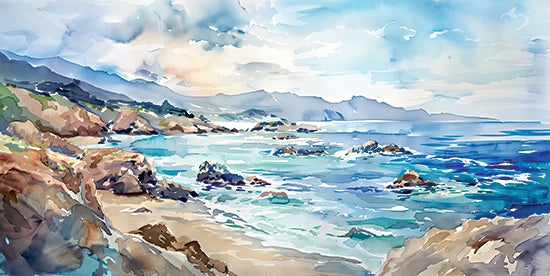 Heidi Kuntz HK371 - HK371 - Maine Seascape   - 18x9 coastal landscape, watercolor painting, ocean waves, rocky shore, cloudy sky, beach, serene seascape, distant mountains, blue sea, artistic scenery from Penny Lane