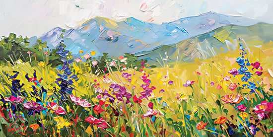 Heidi Kuntz HK375 - HK375 - Summer's Embrace   - 18x9 wildflower meadow, bright flowers, colorful field, textured painting, mountains in background, spring landscape, vivid colors from Penny Lane