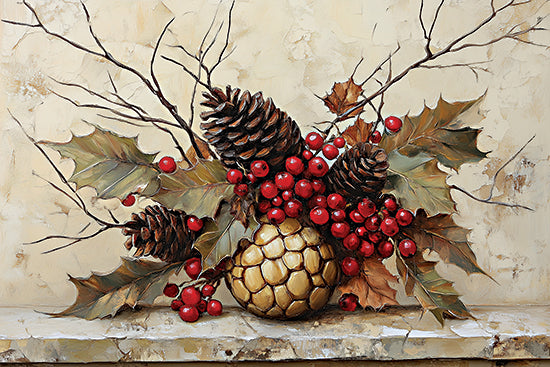 Heidi Kuntz HK392 - HK392 - Pinecones and Berries    - 18x12 pinecones, holly leaves, red berries, golden ornament, rustic winter decor, beige background, holiday arrangement, painted texture, Christmas botanical still life from Penny Lane
