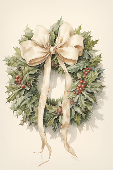Heidi Kuntz HK393 - HK393 - Holly Days Wreath    - 12x18 Christmas wreath, green holly leaves, red berries, ivory bow, festive holiday decor, vintage watercolor style from Penny Lane