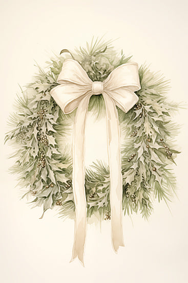 Heidi Kuntz HK394 - HK394 - Simple Elegance  - 12x18 light green pine wreath, soft white bow, delicate holly sprigs, gentle watercolor holiday art from Penny Lane