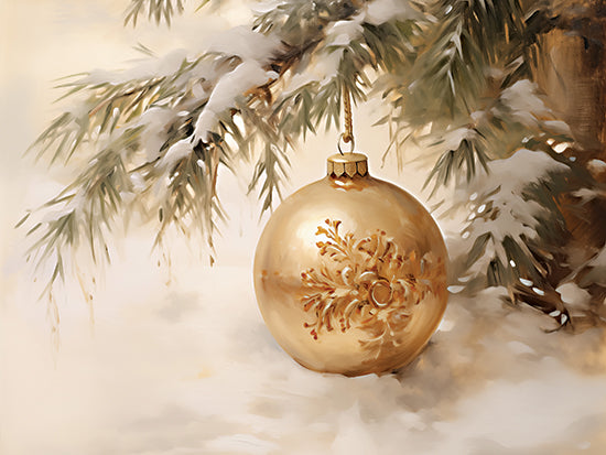 Heidi Kuntz HK395 - HK395 - Hanging on to Christmas   - 16x12 gold Christmas ornament, snow-covered evergreen branch, festive reflection, warm vintage winter ambiance from Penny Lane
