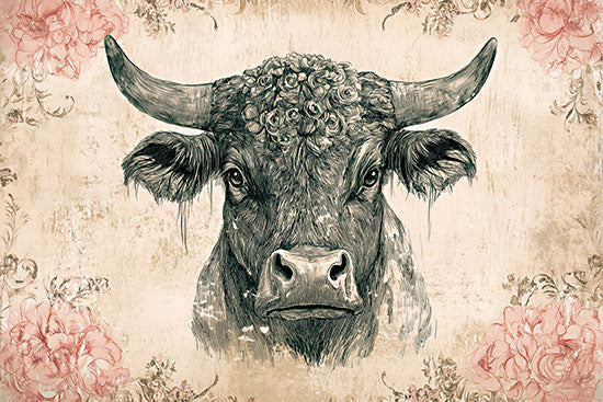 Heidi Kuntz HK406 - HK406 - Antique Floral Cow I     - 18x12 vintage bull portrait, floral crown, rustic western illustration, botanical accents, textured background from Penny Lane