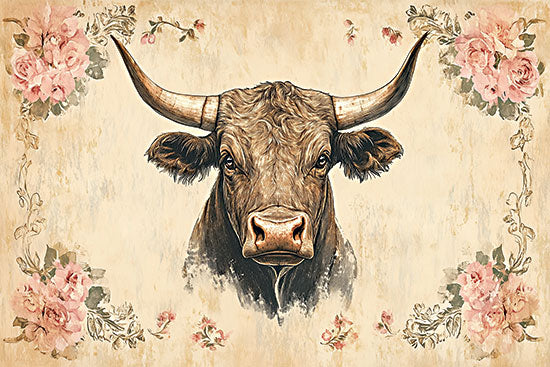Heidi Kuntz HK407 - HK407 - Antique Floral Cow II   - 18x12 western bull with flowers, rustic tan backdrop, vintage cow portrait, soft pink floral corners from Penny Lane