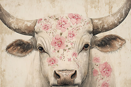 Heidi Kuntz HK408 - HK408 - Floral Cow    - 18x12 cow face, floral pattern, pink blossoms, feminine animal portrait, detailed drawing, rustic aesthetic, vintage paper background from Penny Lane