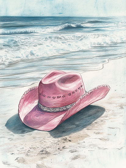 Heidi Kuntz HK410 - HK410 - Seaside Cowgirl    - 12x16 pink cowboy hat, beach, ocean waves, sand, feminine western style, seaside accessory, coastal decor, hand-drawn effect from Penny Lane