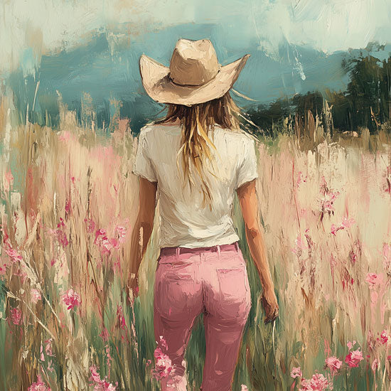 Heidi Kuntz HK416 - HK416 - Wildflower Walk    - 12x12 woman in pink pants, cowboy hat, wildflowers, green meadow, summer vibe, fashion back view, breezy country landscape, colorful field, painted texture from Penny Lane
