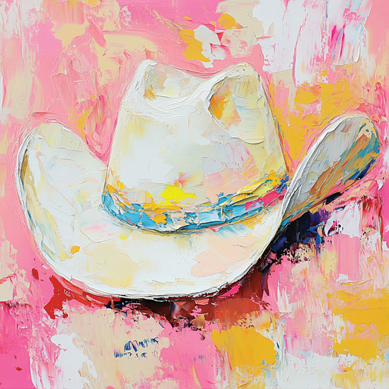 Heidi Kuntz HK419 - HK419 - Cowgirl Hat    - 12x12 cowboy hat, western style, palette knife painting, textured strokes, pink and yellow background, abstract western art, pastel tones from Penny Lane