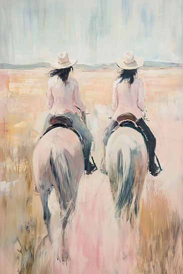 Heidi Kuntz HK420 - HK420 - Cowgirls    - 12x18 cowgirls riding, pastel tones, impressionist style, back view, pink landscape, horses, brushstroke artwork, field ride from Penny Lane