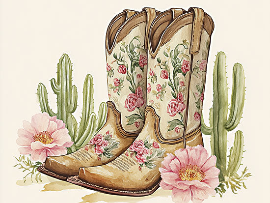 Heidi Kuntz HK423 - HK423 - Dester Floral Boots    - 16x12 floral cowgirl boots, watercolor illustration, desert cacti, pink flowers, vintage western style, decorative boots, floral art from Penny Lane