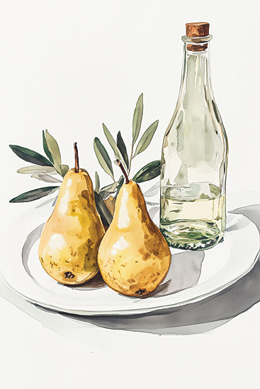 Heidi Kuntz HK438 - Pear-fect Pair  - 12x18 Pears and glass bottle, minimalistic still life, watercolor style, soft greenery, modern farmhouse decor from Penny Lane