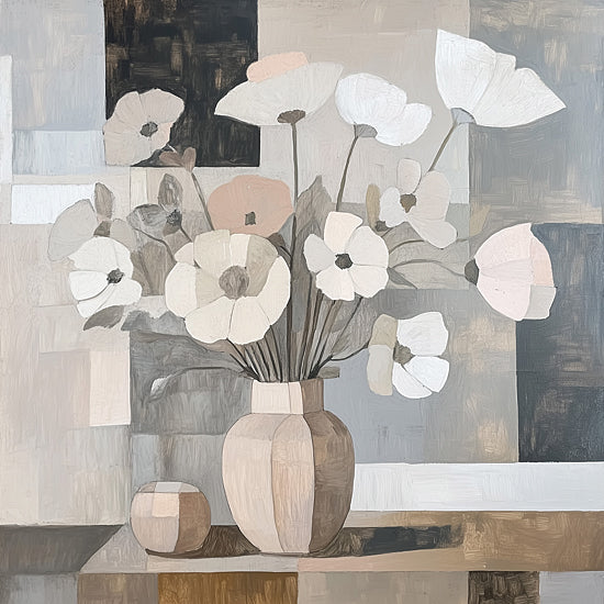 Heidi Kuntz HK444 - HK444 - Floral Geometry    - 12x12 abstract floral still life, neutral tones, geometric vase, modern farmhouse decor, soft block shapes, contemporary bouquet from Penny Lane