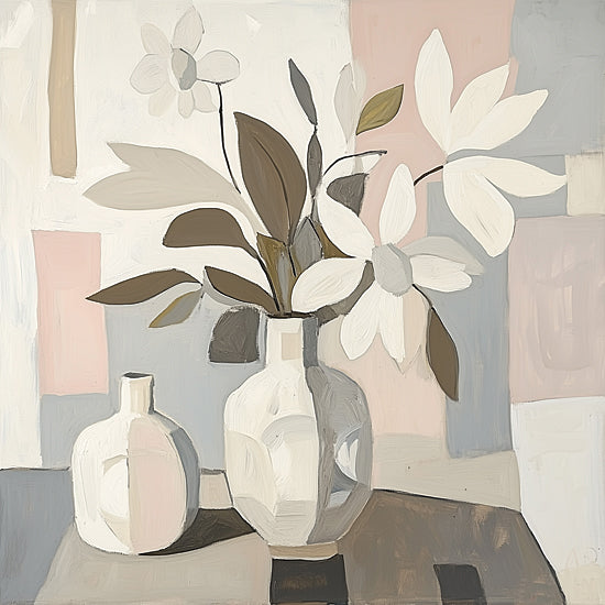 Heidi Kuntz HK446 - HK446 - Cubed Floral Vase   - 12x12 geometric floral still life, white daisies, pastel tones, artistic arrangement, abstract petals, mid-century modern vibe from Penny Lane