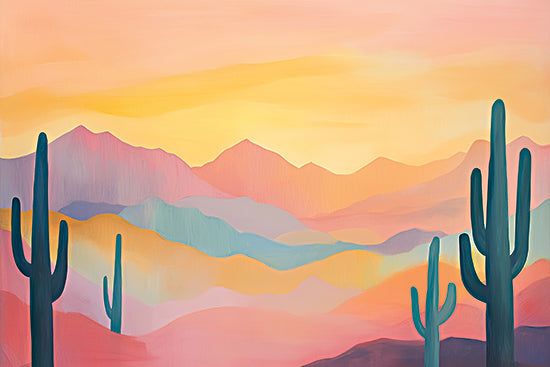 Heidi Kuntz HK473 - HK473 - Sunrise Mountains    - 18x12 Sunset desert, cactus, pastel mountains, warm colors, peaceful, nature from Penny Lane