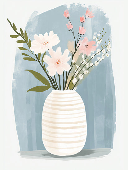Heidi Kuntz HK482 - HK482 - Pink Floral Arrangement   - 12x16 minimal floral arrangement, vase, white flowers, blush pink buds, greenery, modern still life, soft pastel background, Scandinavian style, home decor, botanical illustration from Penny Lane