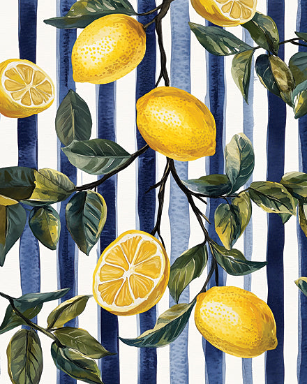 Heidi Kuntz HK492 - HK492 - Lemons on Stripes 2   - 12x16 Lemon, Botanical, Coastal Style, Mediterranean, Nature from Penny Lane