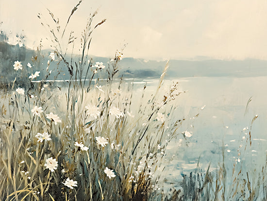 Heidi Kuntz HK500 - HK500 - Blooms by the Lake I - 16x12 lakeside wildflowers, meadow flowers, shoreline grasses, calm lake, soft blue water, cottage landscape, airy nature painting, neutral botanical landscape, lake view, delicate white blooms, peaceful waterside, serene floral field, light impressionist style, tranquil retreat, lake and lodge decor, subtle pastel tones from Penny Lane