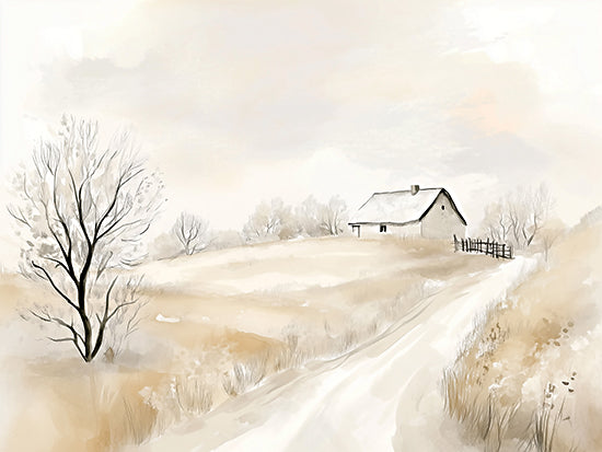 Heidi Kuntz HK502 - HK502 - Cottage Lane - 16x12 snowy path, farmhouse, leafless trees, winter scene, neutral palette, peaceful landscape, rural setting from Penny Lane