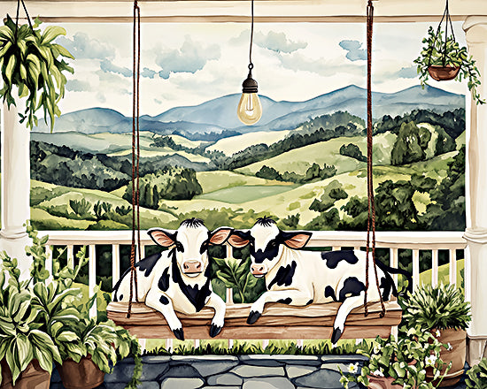 Heidi Kuntz HK506 - HK506 - Cows with a View - 16x12 Farmhouse Porch, Swing, Two Calves, Green Hills, Lush, Country Living, Nature, Relaxation from Penny Lane