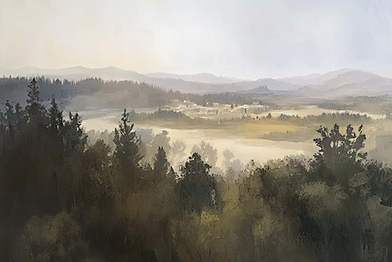 Heidi Kuntz HK549 - HK549 - Far in the Distance - 18x12 misty lake landscape, foggy mountains, evergreen forest silhouettes, calm water reflection, serene nature, soft green palette, minimalist atmospheric painting, peaceful wilderness scene from Penny Lane