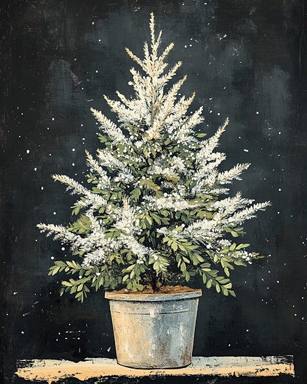 Heidi Kuntz HK587 - HK587 - Silent Night - 12x16 potted mini Christmas tree, snow-tipped leaves, dark background, festive winter decor, rustic pot, holiday atmosphere, indoor plant, cozy scene, night snowfall, stylized foliage from Penny Lane