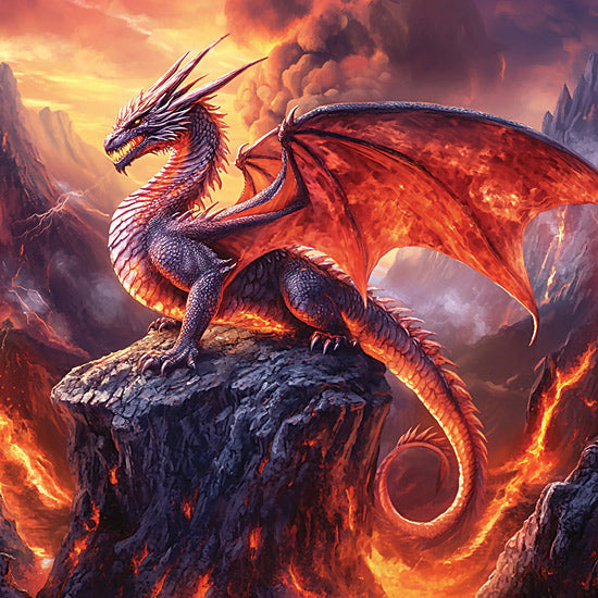 Heidi Kuntz HK590 - HK590 - Fire Dragon  - 12x12 fire dragon, fantasy creature on lava rock, dramatic sky, fiery wings, volcanic landscape, mythical beast, fantasy illustration, high detail from Penny Lane