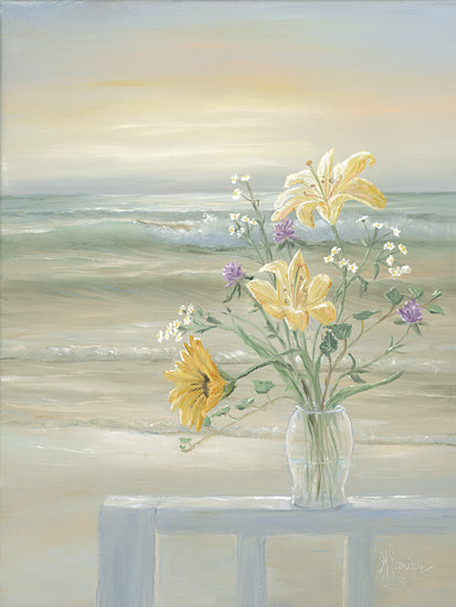 Georgia Janisse JAN352 - JAN352 - Two Favorite Things - 12x16 vase of flowers, beach sunrise, pastel seaside, yellow lilies, sunflower arrangement, peaceful coastal morning, ocean view table, delicate floral composition from Penny Lane