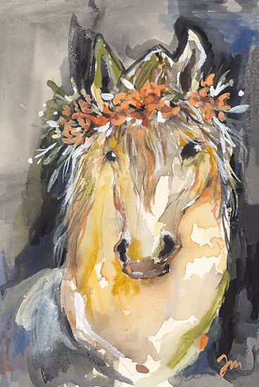 Jessica Mingo JM567 - JM567 - Floral Horse I - 12x18 Watercolor horse portrait, floral crown, expressive horse eyes, vibrant mane, whimsical equine art, flower garland from Penny Lane