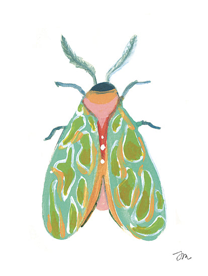 Jessica Mingo JM601 - JM601 - Fancy Moth I - 12x16 colorful moth, vibrant insect art, whimsical bug painting, green pink wings, hand-painted illustration, entomology inspiration from Penny Lane