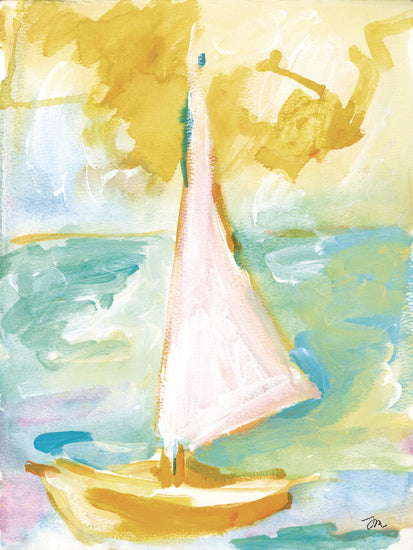 Jessica Mingo JM618 - JM618 - Sunset Sailor 2 - 12x16 colorful sailboat, abstract nautical scene, bright seascape, modern watercolor, childlike whimsy, pastel ocean tones, sailing art from Penny Lane