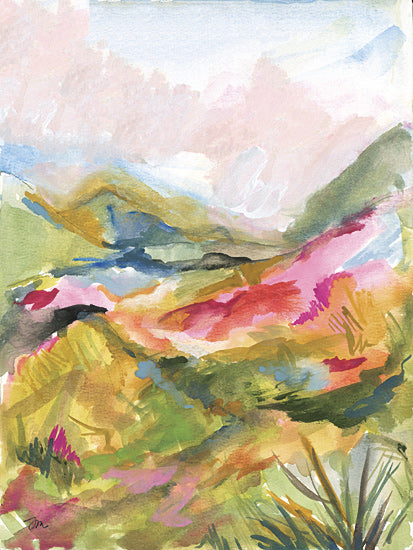 Jessica Mingo JM620 - JM620 - Pink Hills - 12x16 abstract landscape, watercolor painting, vibrant colors, rolling hills, expressive brushstrokes, green fields, pink skies, artistic nature scene, impressionistic art, scenic view from Penny Lane