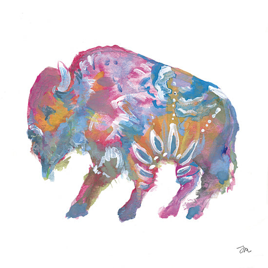 Jessica Mingo JM623 - JM623 - Rainbow Roamer 2 - 12x12 bison with pattern, vibrant watercolor, mystical animal, folk art inspired, tribal motifs, colorful wildlife, expressive painting from Penny Lane