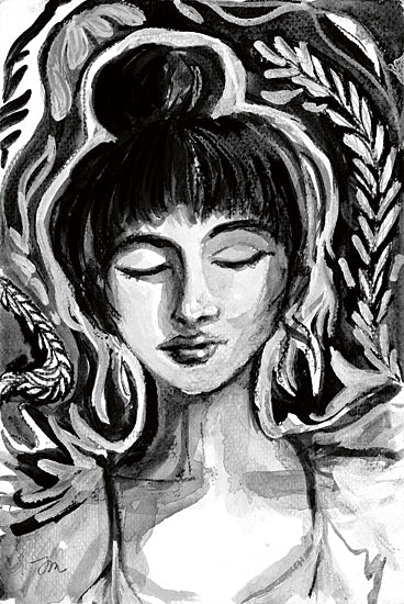Jessica Mingo JM629 - JM629 - Inner Peace - 12x18 black and white portrait, woman with closed eyes, dreamy expression, botanical frame, expressive brushwork, stylized female figure, artistic feminine representation from Penny Lane