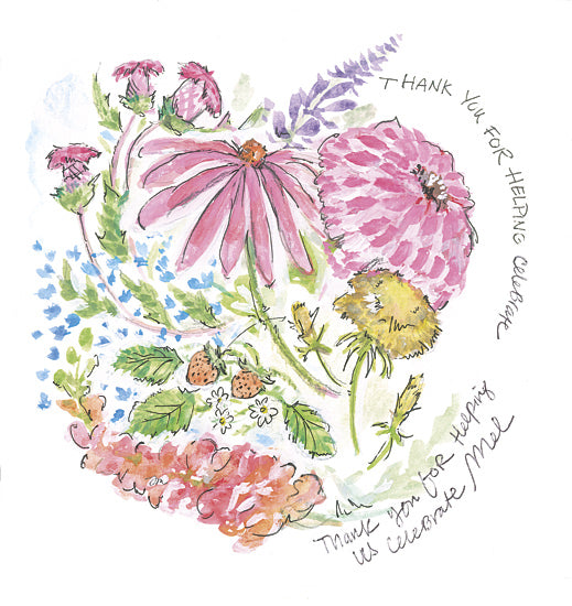 Jessica Mingo JM633 - JM633 - Blooming with Joy - 12x12 floral heart illustration, thank you message, colorful bouquet, pink coneflowers and zinnias, gratitude card art, strawberries and wildflowers, cheerful nature drawing from Penny Lane