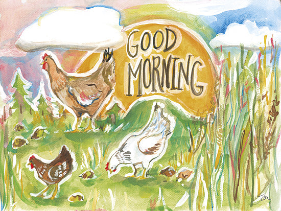 Jessica Mingo JM640 - JM640 - Good Morning Chickens - 16x12 good morning chickens, watercolor sunrise, farm life, whimsical greeting, vibrant colors, country morning, barnyard animals, cheerful start from Penny Lane