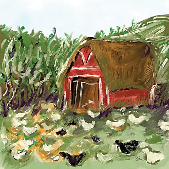 Jessica Mingo JM684 - JM684 - Chickens by the Barn - 12x12 red barn, lush greenery, rural farm, expressive brushwork from Penny Lane