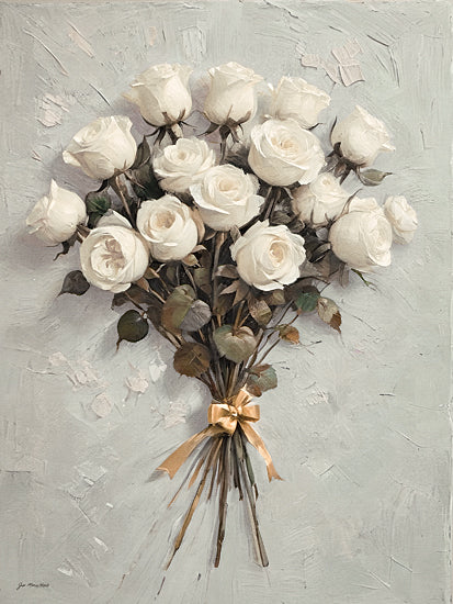 Jo Moulton JO284 - JO284 - Rose Bouquet - 12x16 white roses, textured canvas, bouquet tied with golden ribbon, fine floral composition, soft color palette, oil painting, vintage elegance, classic decoration from Penny Lane