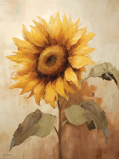 Jo Moulton JO350 - JO350 - Sunnyside Up - 12x16 single sunflower, tall sunflower stem, golden yellow petals, rustic botanical study, neutral textured background, warm painterly floral, country garden flower, simple nature portrait, summer bloom, farmhouse sunflower art, soft earth tones, large flower head, vintage botanical decor from Penny Lane