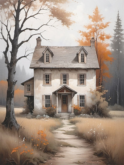 Jo Moulton JO382 - JO382 - Fall at the Cottage - 12x16 cottage house, autumn landscape, fall trees, orange foliage, path to house, country home, rustic farmhouse, misty morning, soft painterly style, neutral palette, nature scene, countryside, cozy, serene, seasonal from Penny Lane