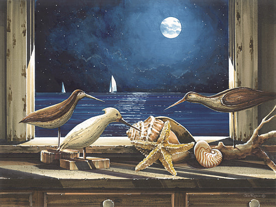 John Rossini JR424 - JR424 - Moonlight Menagerie - 16x12 ocean night view, wooden bird sculptures, moonlight, starry sky, sailboats, window still life, coastal theme, shells, starfish from Penny Lane