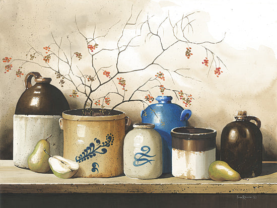 John Rossini JR452 - JR452 - Pears and Crockery - 16x12 rustic crocks and pears still life, farmhouse jars, branches with berries, country kitchen shelf, enamelware, fruit arrangement, blue and brown pottery, autumn inspired rustic decor, painterly still life, vintage country style, pears and canisters, cozy homestead aesthetic from Penny Lane