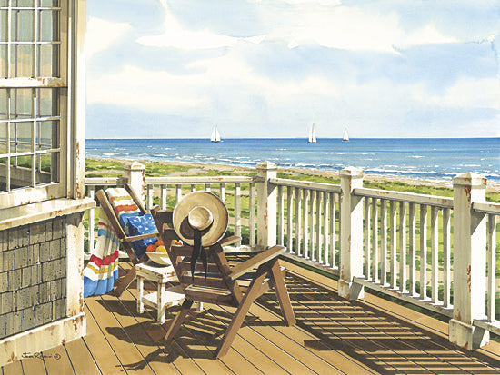 John Rossini JR455 - JR455 - Ocean View - 16x12 coastal porch view, ocean horizon, sailboats, beach house deck, striped towel, sun hat on chair, seaside relaxation, bright summer coastal decor, waterfront veranda, painterly beach scene, vacation home vibe, airy maritime setting, tranquil ocean lookout from Penny Lane